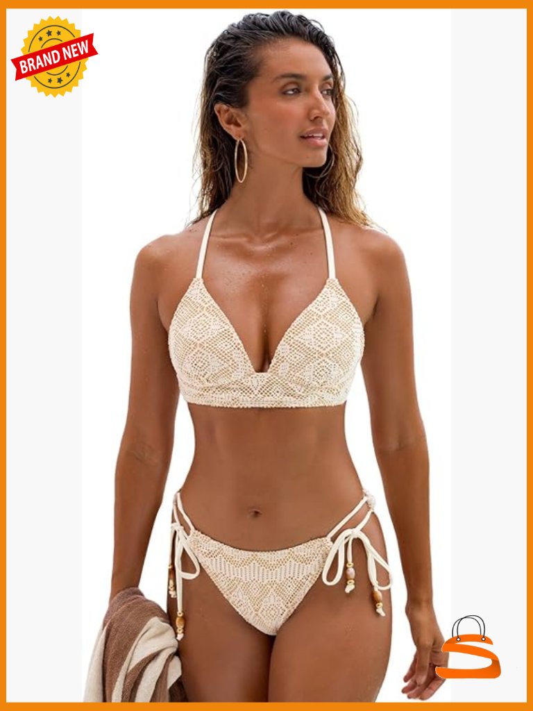 Textured Bikini Set V-Neck Crossback Tie Top Push Up Molded Cups High Stretch